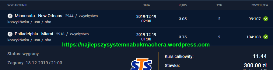 pakiet płatne kupony na 18.12.2019 - kupon wygrany