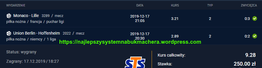 płatny pakiet na wtorek 17.12.2019 kupon 2 wygrany