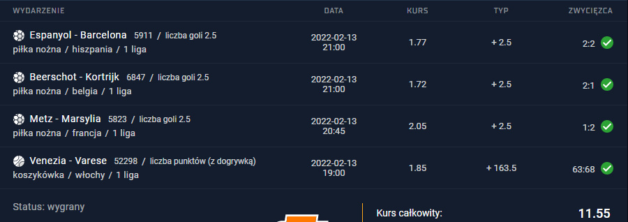 kupon ako 11.55 sts płatne typy bukmacherskie 13.02.2022