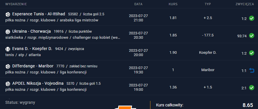27.07.2023 kupon ako 8.65 bukmacher sts