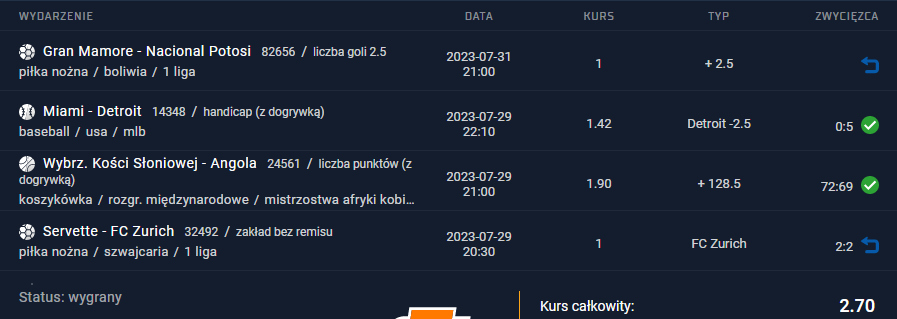 29.07.2023 kupon ako 2.70 bukmacher sts