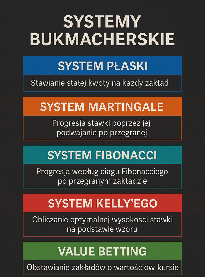 Infografika przedstawiająca napis - "systemy bukmacherskie" i wymieniająca najbardziej popularne systemy obstawiania.