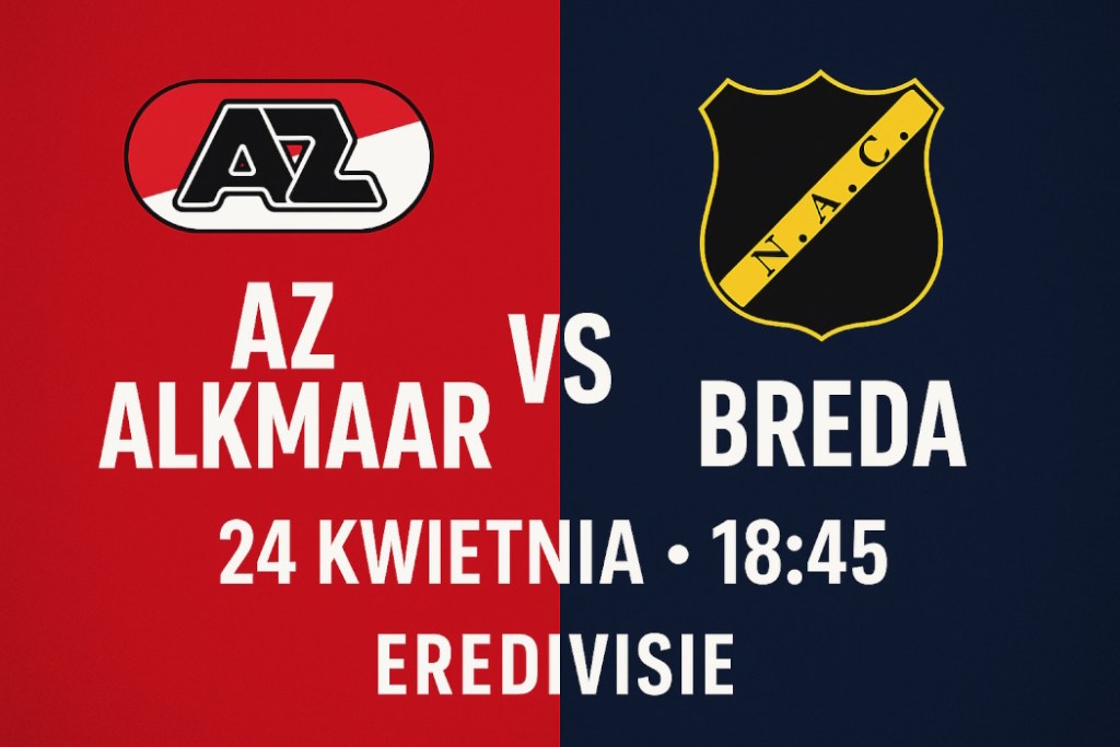 Infografika promująca mecz AZ Alkmaar – NAC Breda 24 kwietnia 2025 o godz. 18:45 w Eredivisie, z herbami klubów, nazwami drużyn i datą spotkania na czerwonym tle.
