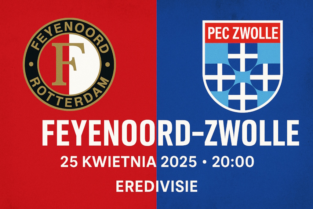 Grafika promująca mecz Feyenoord – PEC Zwolle w Eredivisie, z herbami klubów, datą 25 kwietnia 2025, godziną 20:00 i nazwą rozgrywek – nowoczesny styl.