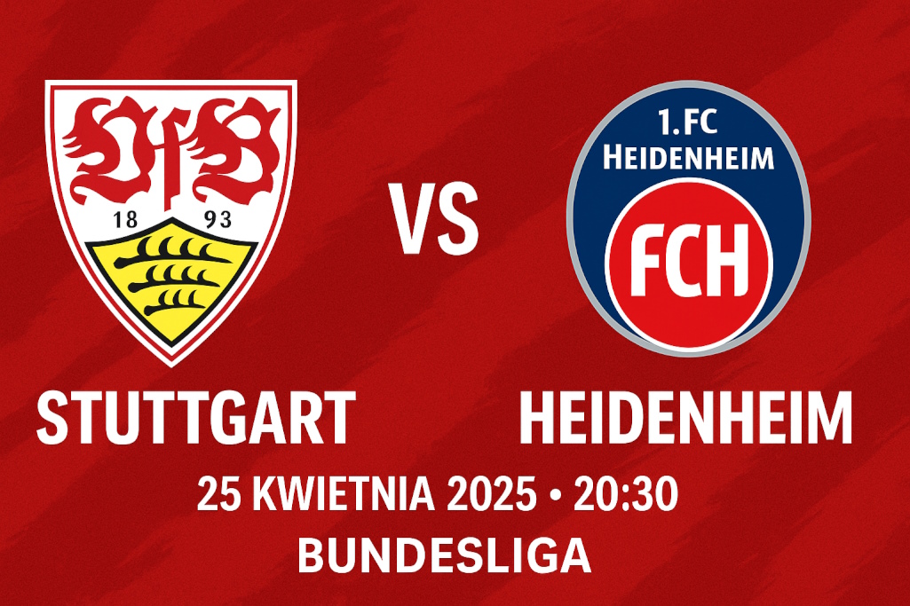 Grafika promująca mecz Stuttgart – Heidenheim 25 kwietnia 2025 w Bundeslidze, z herbami klubów, datą, godziną i nowoczesnym tłem w kolorach czerwieni.