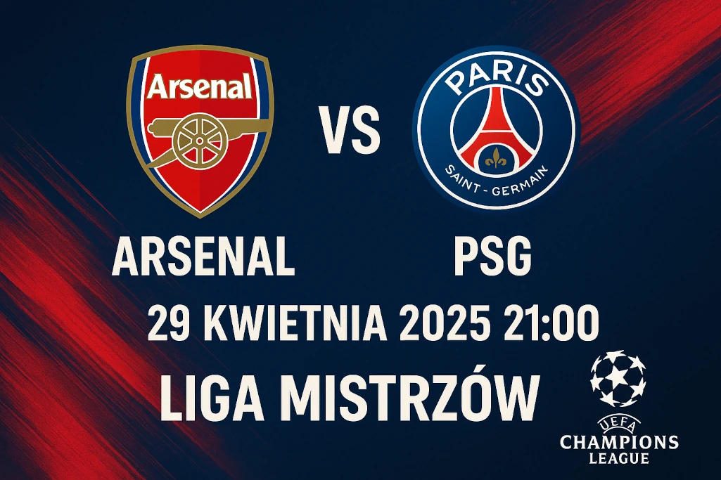 Grafika promująca mecz Arsenal vs PSG w Lidze Mistrzów UEFA 29 kwietnia 2025, z herbami klubów, datą, godziną i logotypem Champions League.