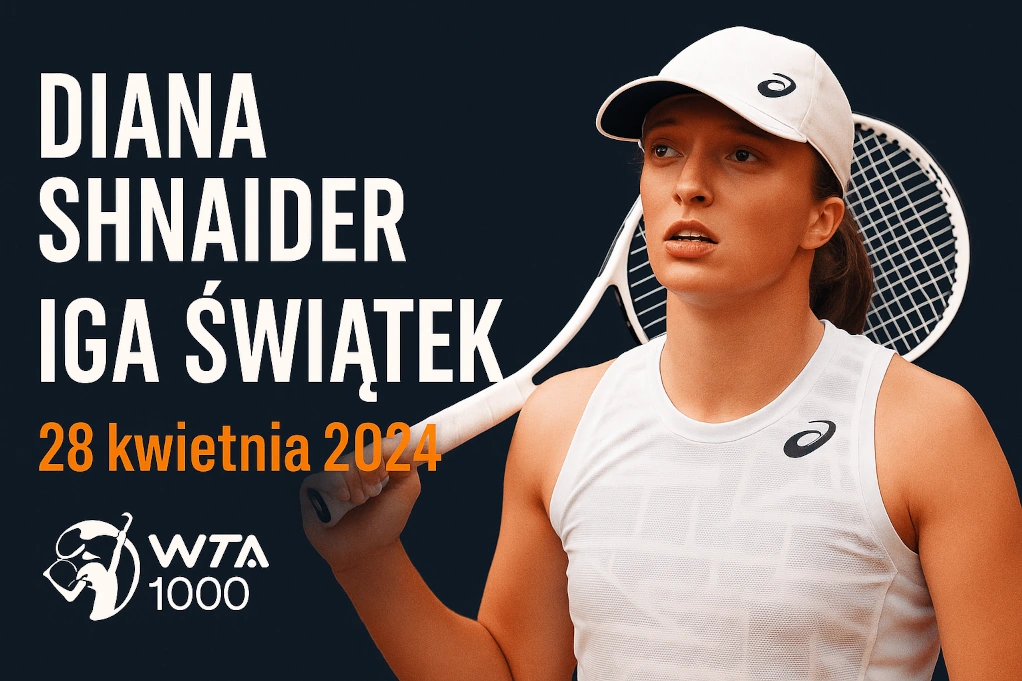 Iga Świątek i Diana Shnaider przed meczem WTA 1000 w Madrycie 28 kwietnia 2025, grafika promująca spotkanie z datą, nazwiskami i logo rozgrywek.