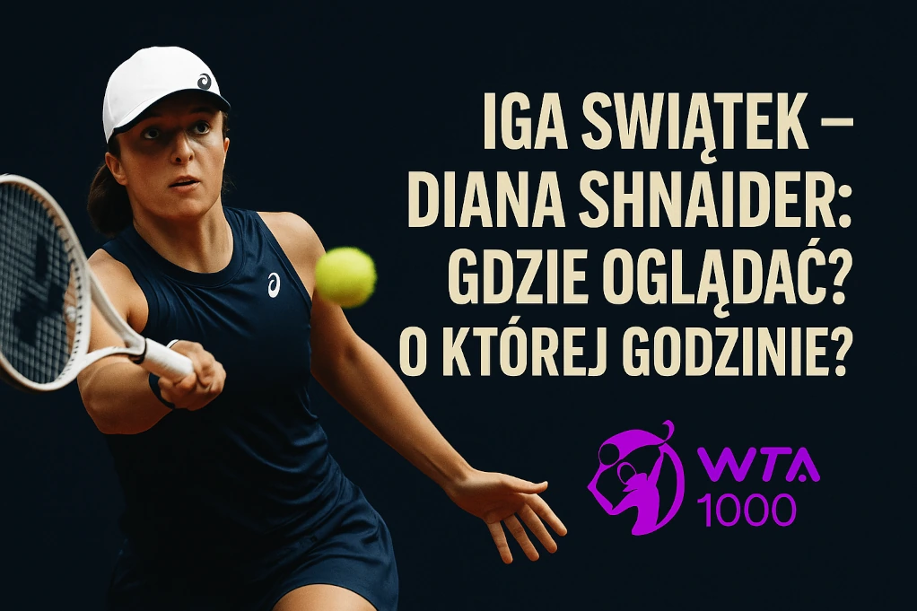 Iga Świątek w trakcie meczu tenisowego, zapowiedź spotkania z Dianą Shnaider podczas turnieju WTA 1000 Madryt 2025, informacja o transmisji na żywo.