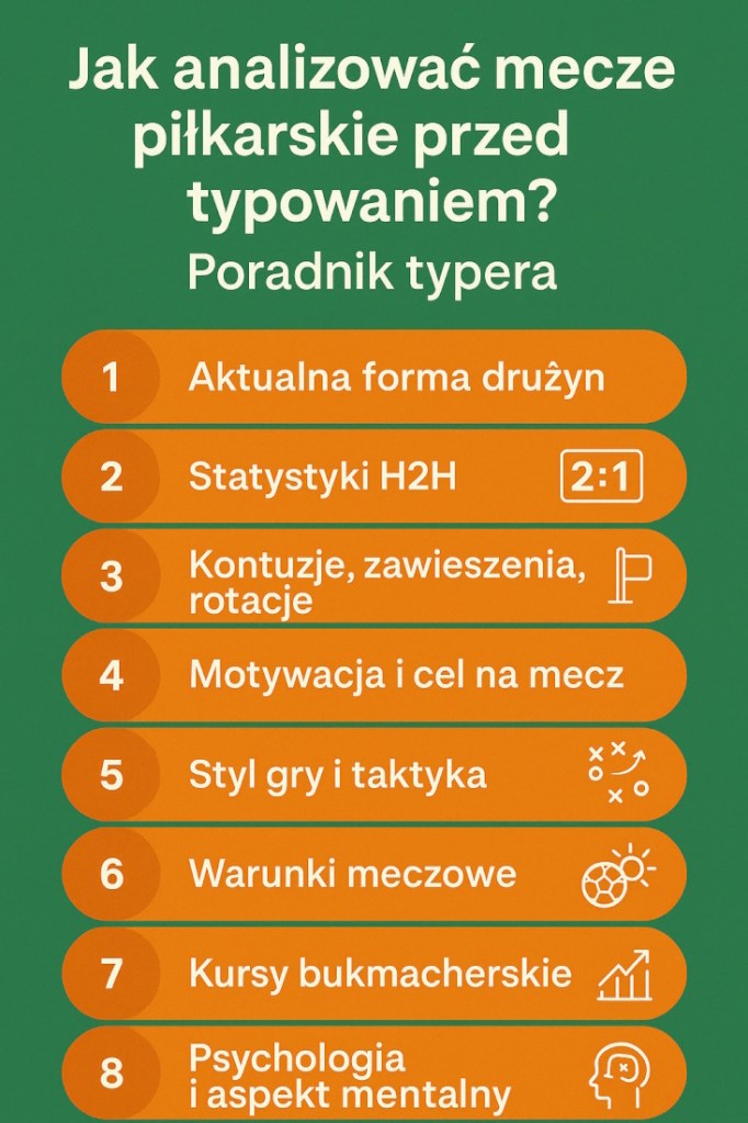 Infografika przedstawiająca, jak analizować mecze piłkarskie przed typowaniem – 8 kluczowych kroków dla typerów, m.in. forma drużyn, kontuzje, taktyka i kursy.