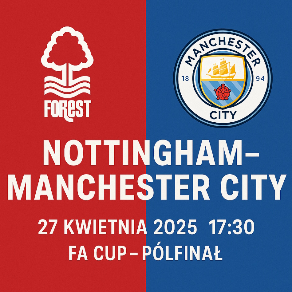 Grafika promująca mecz Nottingham Forest – Manchester City, półfinał FA Cup 27 kwietnia 2025, z herbami klubów, datą i godziną spotkania.