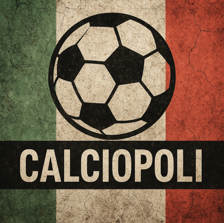 Infografika przedstawia napis Calciopoli na tle włoskiej flagi i symbolu piłki nożnej.