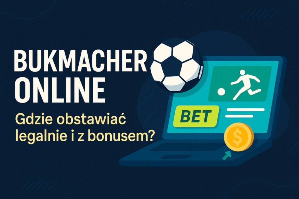 nfografika przedstawiająca temat „bukmacher online” – nowoczesny baner z laptopem, piłką nożną i przyciskiem BET, zachęcający do legalnego obstawiania z bonusem