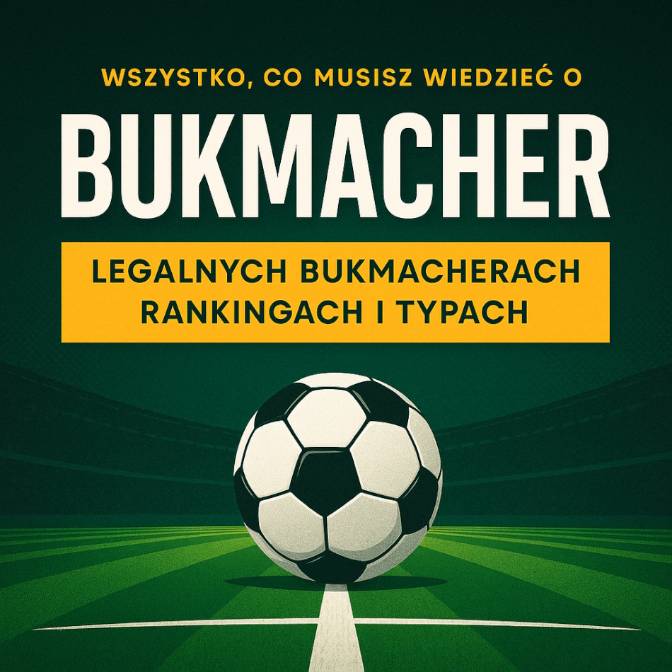 Grafika przedstawiająca piłkę nożną na boisku, z tekstem informacyjnym o bukmacherach w Polsce, podkreślającym tematy legalności i rankingów.