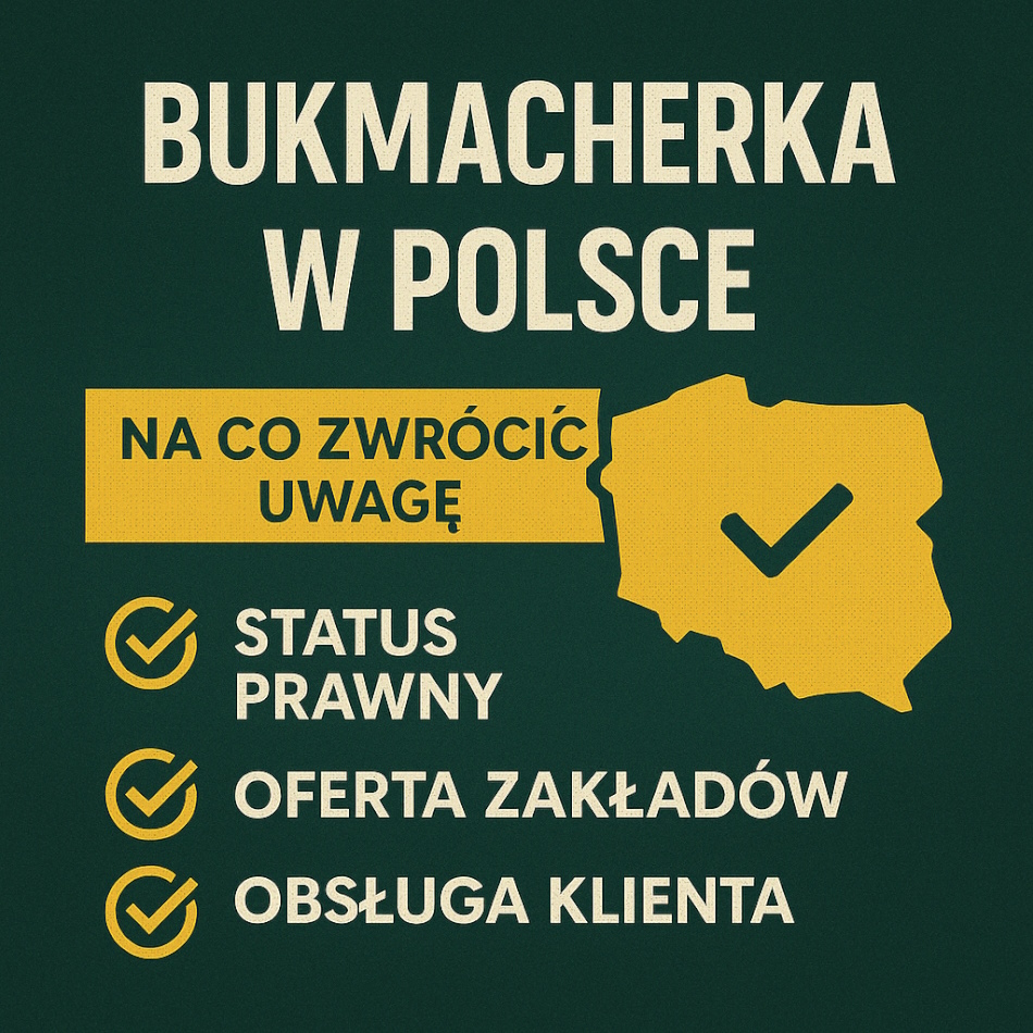Infografika przedstawiająca zasady dotyczące bukmacherki w Polsce, z tytułem "Bukmacherka w Polsce" oraz trzema punktami: STATUS PRAWNY, OFERTA ZAKŁADÓW, OBSŁUGA KLIENTA.
