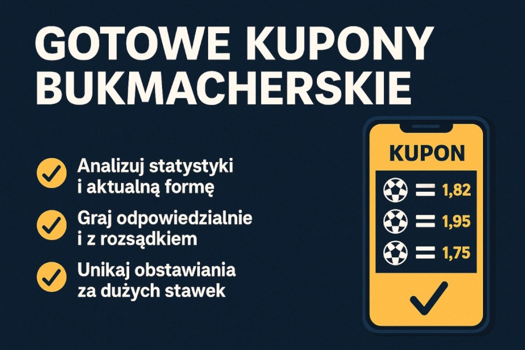 Infografika w poziomym formacie, przedstawiająca tytuł "Gotowe kupony bukmacherskie" oraz cztery porady dla graczy: poznaj drużynę, analizuj statystyki, graj odpowiedzialnie, unikaj wysokich stawek. Po prawej stronie widoczny smartfon z przykładowym kuponem zawierającym kursy bukmacherskie. Kolorystyka: granatowe tło, żółte akcenty, nowoczesny i czytelny styl.