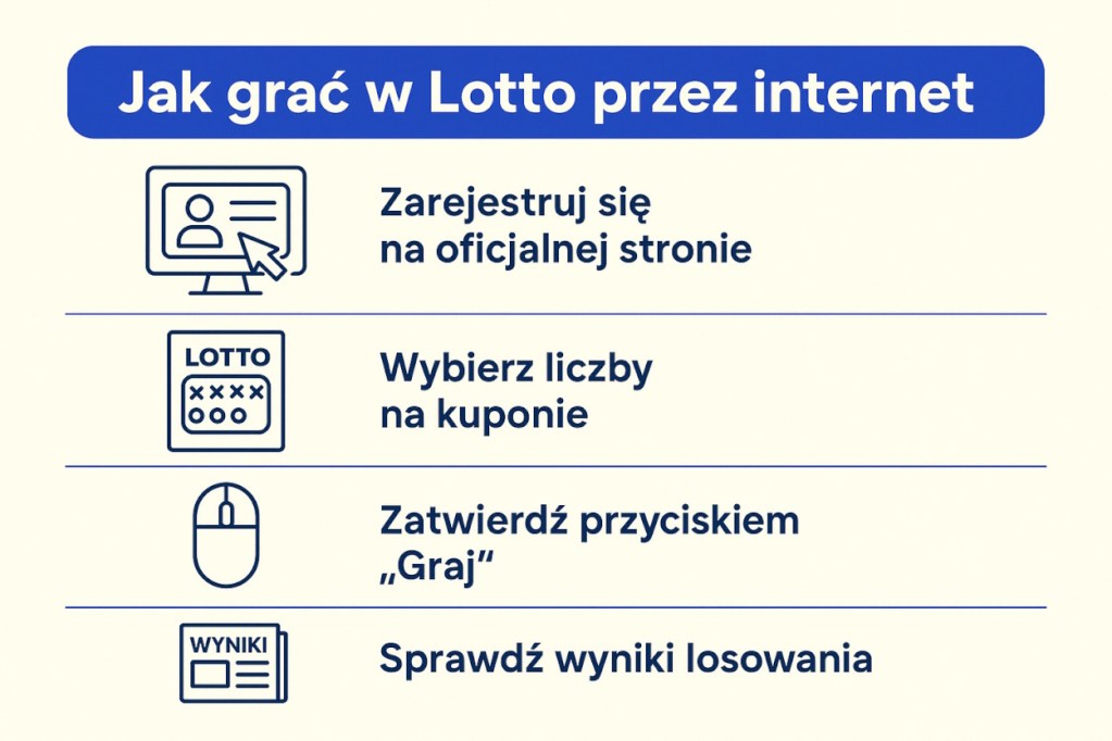 Infografika przedstawiająca kroki do gry w Lotto przez internet: rejestracja na stronie, wybór liczb na kuponie, zatwierdzenie przyciskiem 'Graj', oraz sprawdzenie wyników losowania.