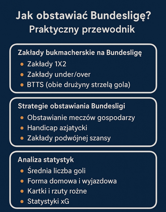 Infografika z niebieskim tłem. Przedstawia porady ja obstawiać niemiecką ligę - Bundesliga.