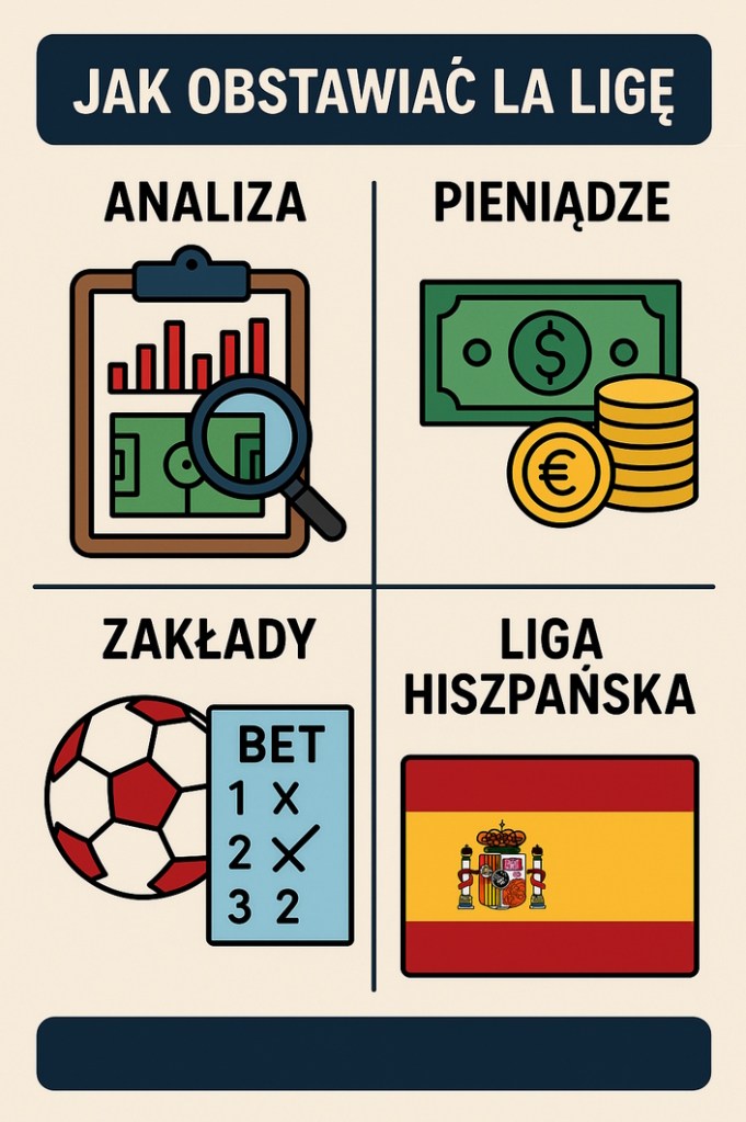 Infografika przedstawiająca napis "jak obstawiać la liga" i ikony na jasnym tle.
