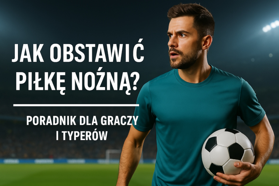 Infografika przedstawiająca napis "Jak obstawiać piłkę nożną". Na grafice występuje piłkarz i trzyma piłkę.