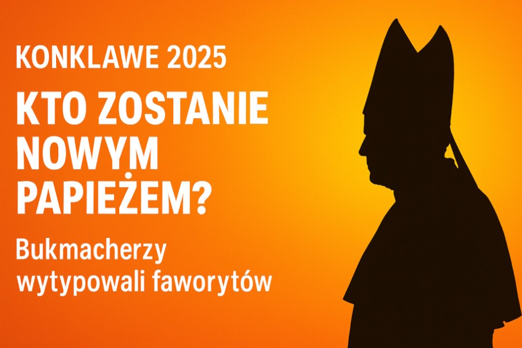Infografika promująca artykuł o konklawe 2025 – sylwetka przyszłego papieża w cieniu, hasło „Kto zostanie nowym papieżem?”, typy bukmacherskie i analiza faworytów.