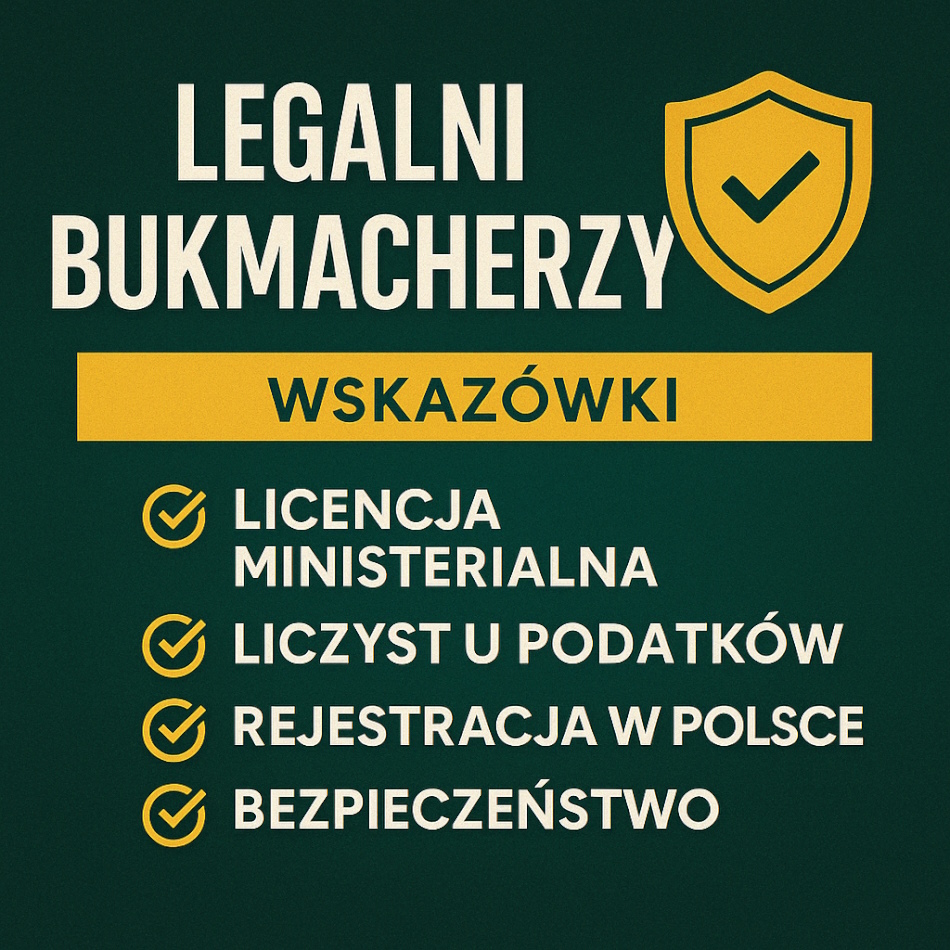 Grafika z tekstem 'Legalni bukmacherzy' oraz wypunktowanymi wskazówkami dotyczącymi licencji ministerialnej, rozliczeń podatkowych, rejestracji w Polsce i bezpieczeństwa.