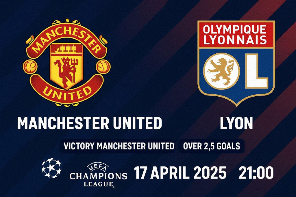 Grafika promująca mecz Manchester United przeciwko Lyonowi, z logo obu drużyn oraz datą i godziną spotkania.