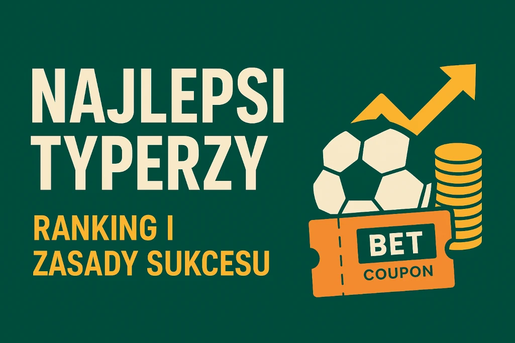 Infografika przedstawiająca hasło "Najlepsi typerzy – ranking i zasady sukcesu" na zielonym tle, z ikonami piłki nożnej, kuponu bukmacherskiego i rosnącej strzałki, symbolizująca skuteczne typowanie i profesjonalne zakłady sportowe.