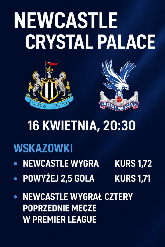 Grafika promująca mecz Premier League pomiędzy Newcastle United a Crystal Palace, z datą 16 kwietnia o godzinie 20:30. Zawiera logotypy obu drużyn oraz wskazówki dotyczące zakładów.