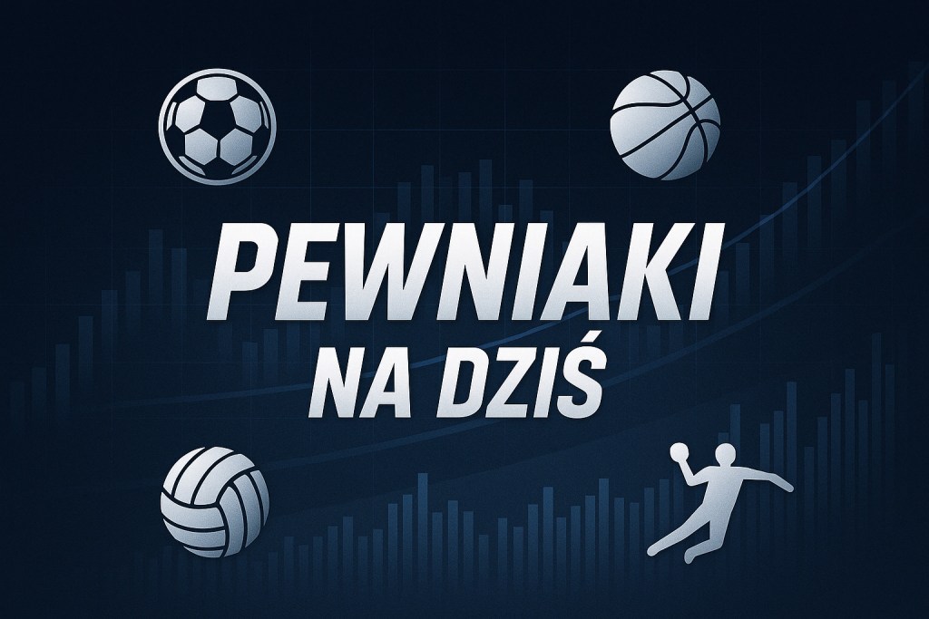 Grafika promująca artykuł o typach dnia w zakładach bukmacherskich, z symbolami piłki nożnej, koszykówki, siatkówki i piłki ręcznej na ciemnym tle oraz napisem 'PEWNIaki NA DZIŚ'.