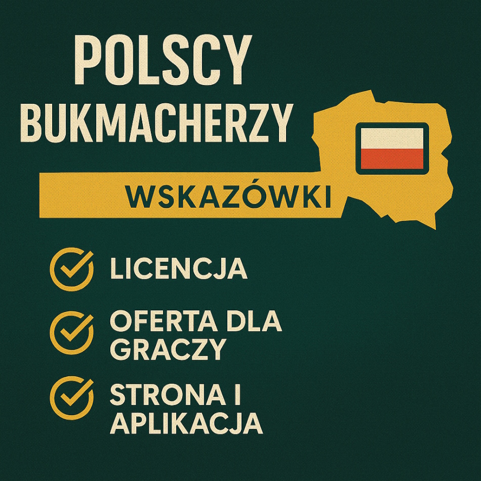Ilustracja przedstawiająca polskich bukmacherów z napisem 'WSKAZÓWKI', zawierająca trzy punkty: 'LICENCJA', 'OFERTA DLA GRACZY', 'STRONA I APLIKACJA'. W tle zaznaczenie mapy Polski oraz flaga Polski.