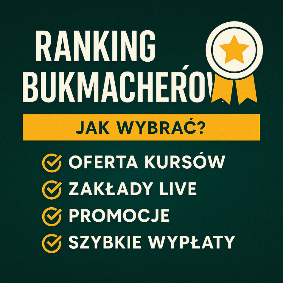 Grafika przedstawiająca ranking bukmacherów z pytaniem 'Jak wybrać?' oraz czterema punktami: 'oferta kursów', 'zakłady live', 'promocje' i 'szybkie wypłaty'.