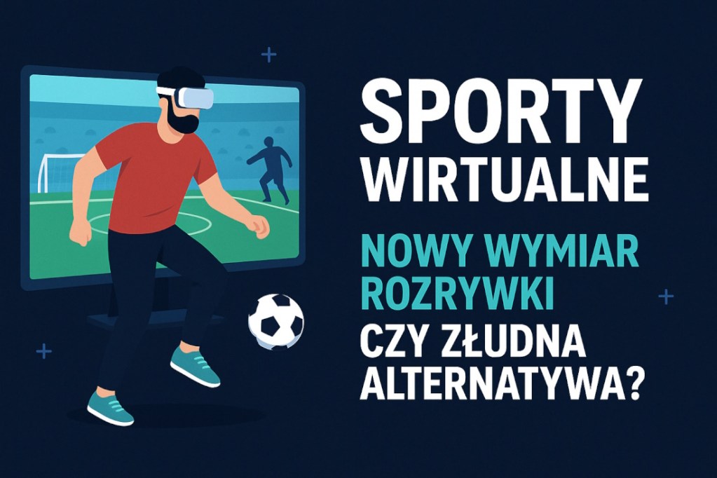 Mężczyzna w goglach VR grający w wirtualną piłkę nożną na tle monitora – grafika promująca artykuł o sportach wirtualnych i zakładach bukmacherskich, z hasłem: "Sporty wirtualne – nowy wymiar rozrywki czy złudna alternatywa?"