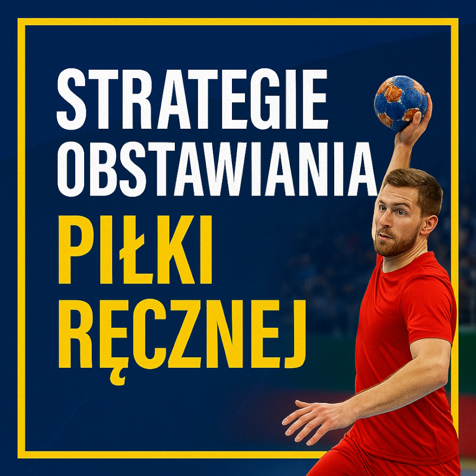 Grafika promująca strategię obstawiania piłki ręcznej, przedstawiająca zawodnika rzucającego piłkę ręczną w czerwonym stroju na tle sceny sportowej.