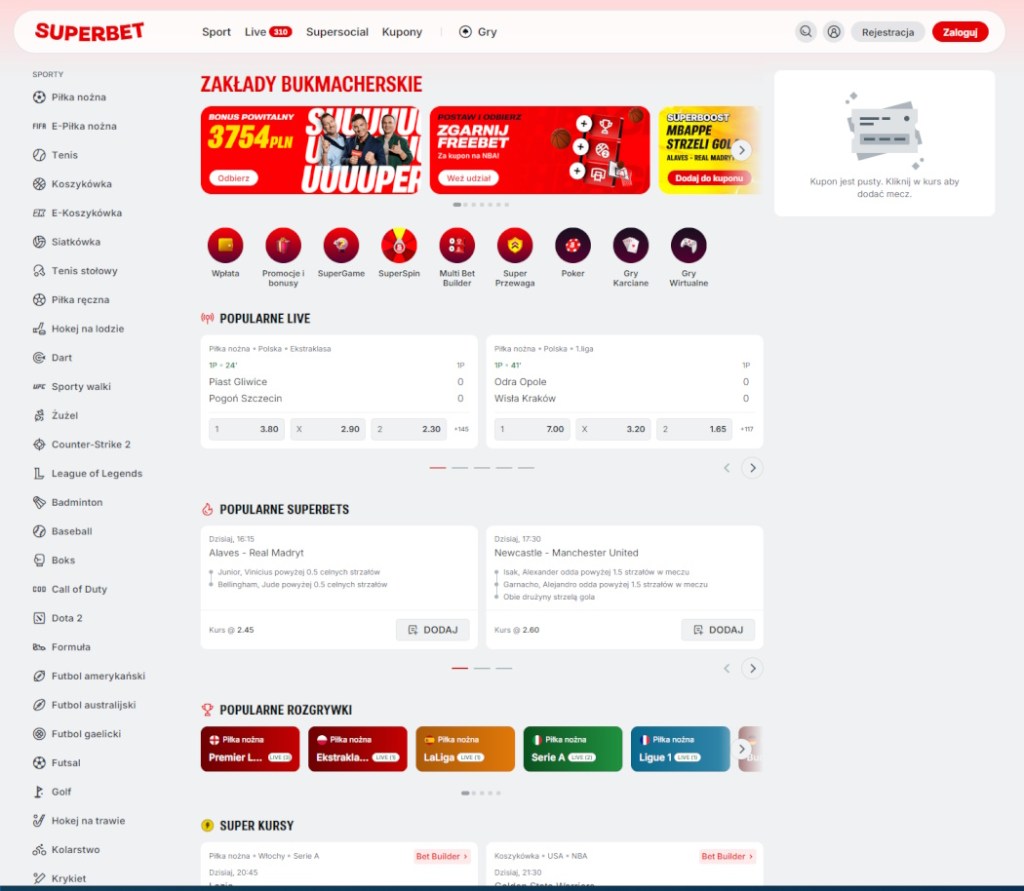 Grafika przedstawiająca zrzut ekranu ze strony internetowej bukmachera Superbet.