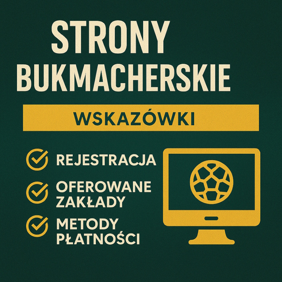 Grafika przedstawiająca wskazówki dotyczące stron bukmacherskich, z nagłówkiem 'STRONY BUKMACHERSKIE', a poniżej trzema punktami: 'REJESTRACJA', 'OFEROWANE ZAKŁADY' i 'METODY PŁATNOŚCI', obok ikony komputera z piłką nożną.