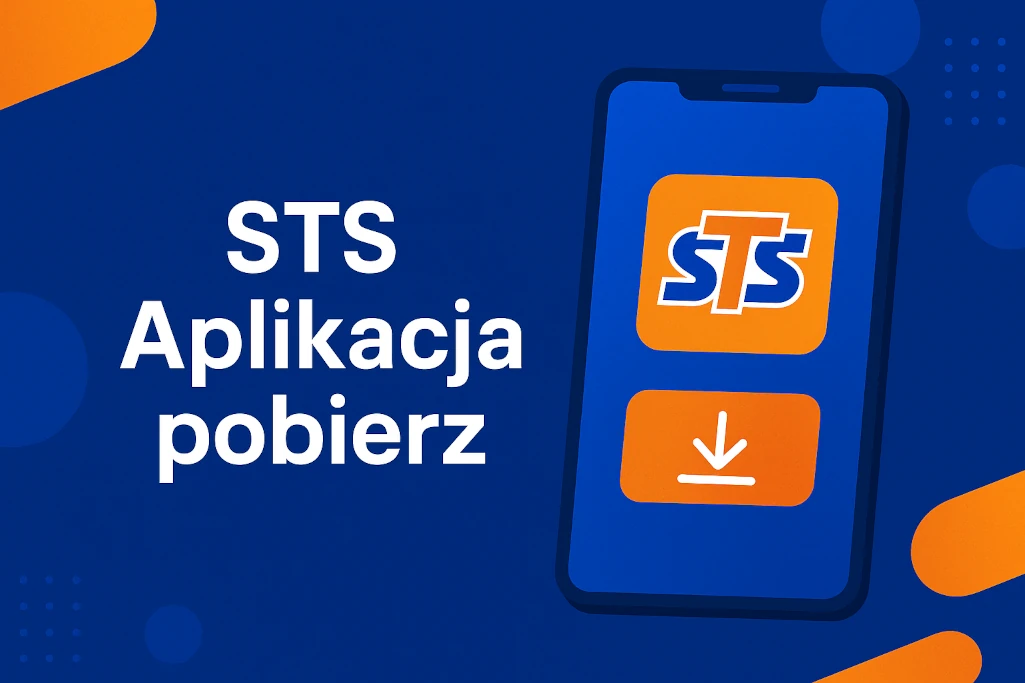 Nowoczesna infografika promująca aplikację STS do pobrania na telefon – dynamiczny design w kolorach niebieskim i pomarańczowym, smartfon z logo STS i przyciskiem pobierania, hasło "STS Aplikacja pobierz", zachęta do instalacji aplikacji bukmacherskiej.