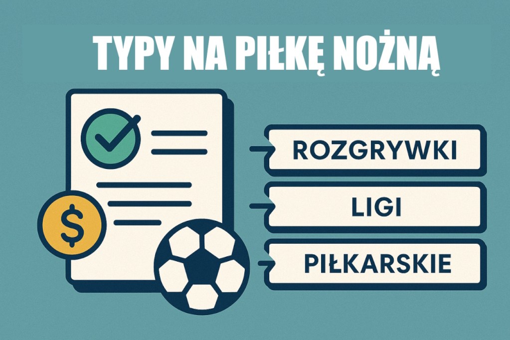 Typy na piłkę nożną. Infografika przedstawia kartkę z piłką oraz npias rozgrywki na ligi piłkarskie.