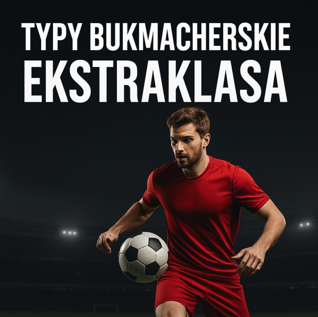 Infografika przedstawia zdjęcie piłkarza ekstraklasy z piłką. Na infografice jest biały napis - "typy bukmacherskie ekstraklasa".