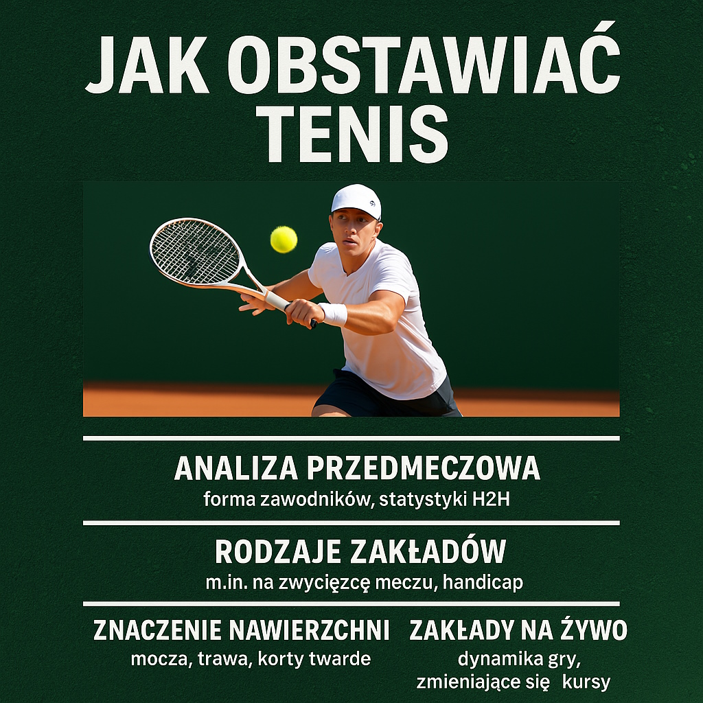 Grafika przedstawiająca mężczyznę grającego w tenisa, z nagłówkiem 'Jak obstawiać tenis' oraz informacjami o analizie przedmeczowej, rodzajach zakładów oraz znaczeniu nawierzchni.