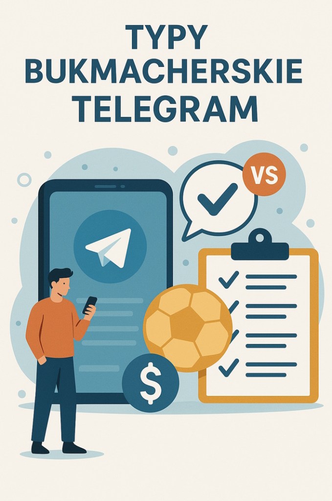 Infografika przedstawiająca napis "typy bukmacherskie telegram", w nowoczesnym stylu, z człowiekiem trzymającym smartfon na tle wielkiego tabletu z aplikacją telegram.