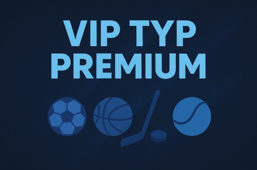 Grafika z napisem 'VIP Typ Premium' na ciemnym tle, obok ikony piłki nożnej, koszykowej, hokejowej i tenisowej.
