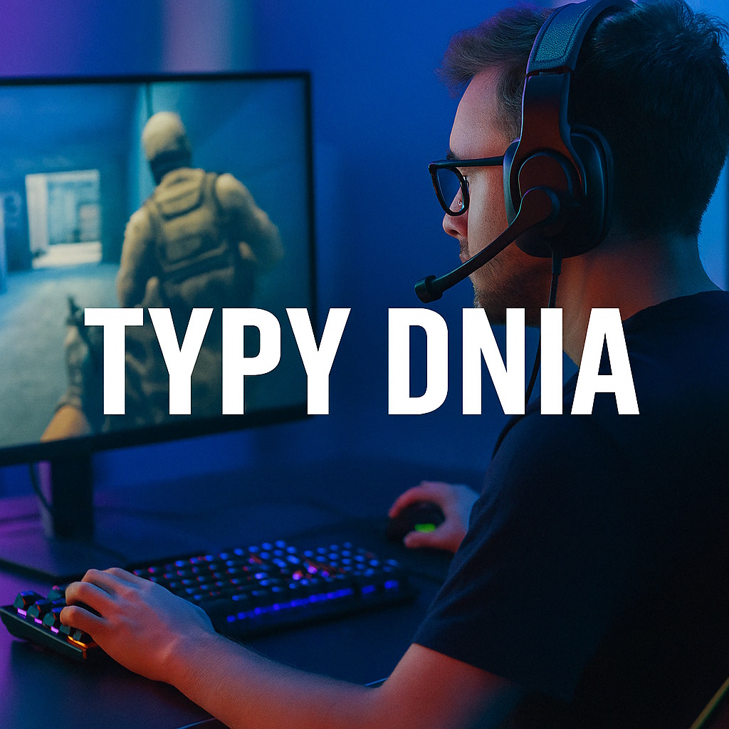 Osoba grająca na komputerze w grę, z widocznym sprzętem gamingowym i napisem 'Typy Dnia' na ekranie.