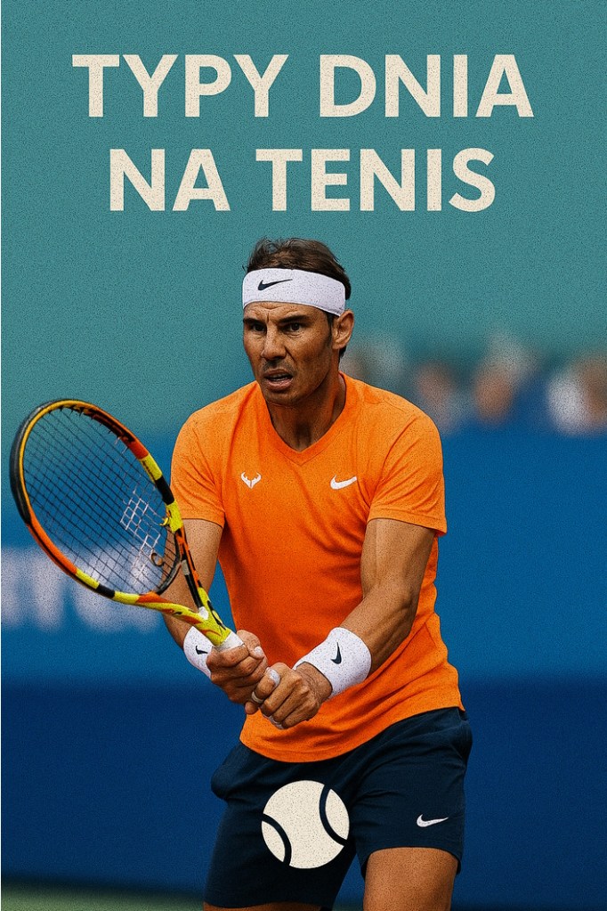 Mężczyzna grający w tenisa, w pomarańczowej koszulce, z rakietą w dłoni, z piłką tenisową w locie, na tle niebieskiego tła.