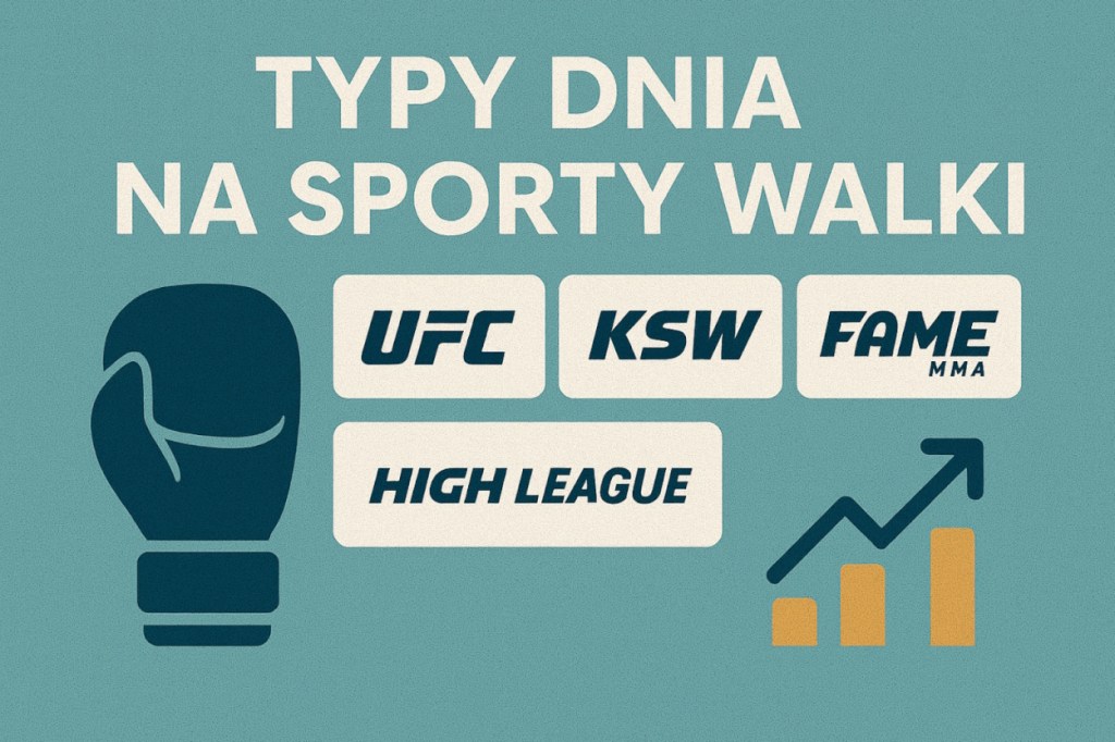 Grafika przedstawiająca tekst sporty walki wraz z nazwami organizacji UFC, KSW, FAME MMA i High League oraz grafikę wzrostu.