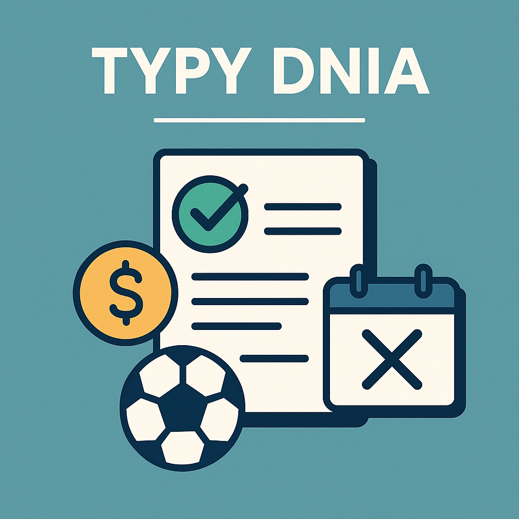 Grafika przedstawiająca hasło 'Typy Dnia' w kontekście zakładów sportowych, z elementami takimi jak dokument, piłka nożna, symbol dolara i kalendarz.