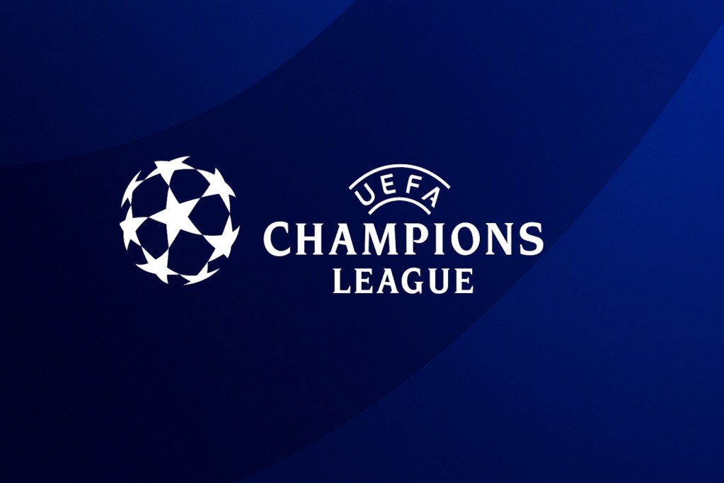 Logo Ligi Mistrzów UEFA na niebieskim tle, symbolizujące prestiżowe rozgrywki piłkarskie w Europie.