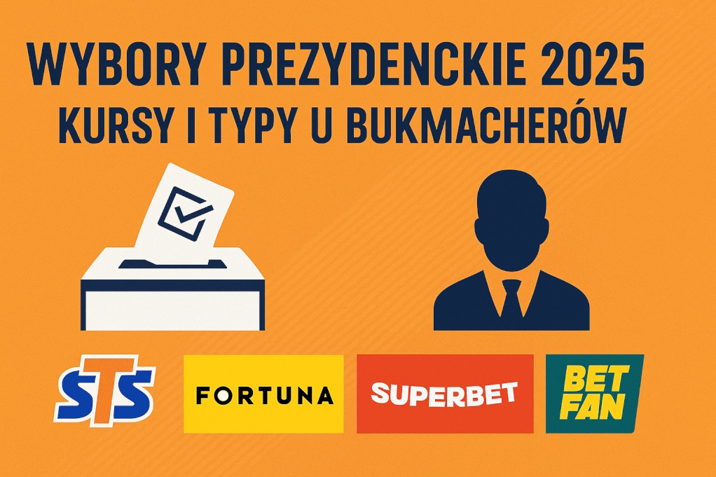 Infografika prezentująca wybory prezydenckie 2025 w Polsce z hasłem „Kursy i typy u bukmacherów”, na tle pomarańczowym z ikonami urny wyborczej i kandydatów oraz logotypami STS, Fortuna, Superbet i Betfan.