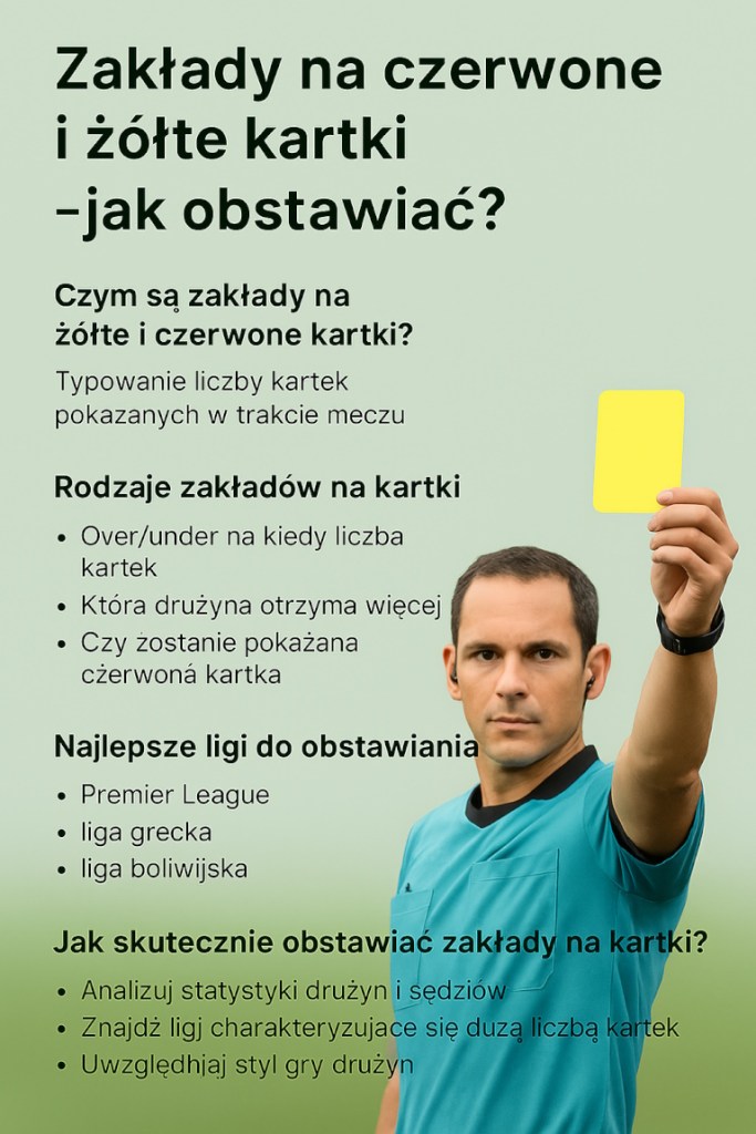 Infografika przedstawiająca sędziego z żółtą kartką. Na infografice znajdują się różne wskazówki takie jak czym są żółte i czerwone kartki, rodzaje zakładów na kartki, najlepsze ligi do obstawiania i jak skutecznie obstawiać zakłady na kartki.