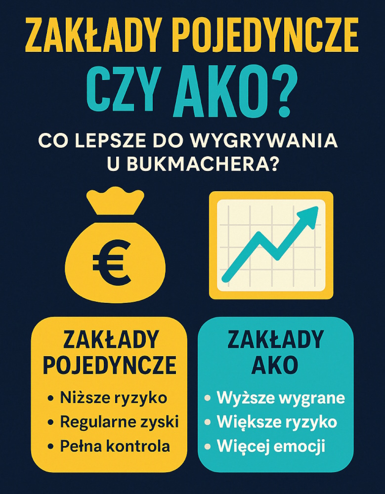 Nowoczesna infografika przedstawiająca zalety zakładów pjedynczychi zalety kuponów AKO. 