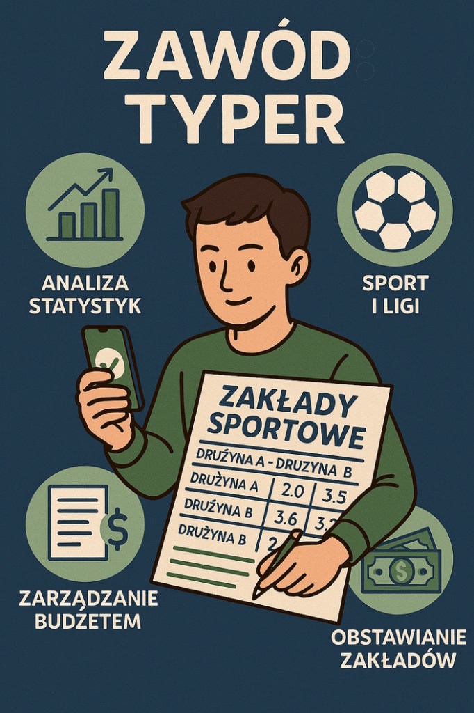Obrazek przedstawiający osobę wykonującą zawód typer. Zawiera ikony na niebieskim tle oraz tablicę z napisem zakłady sportowe.
